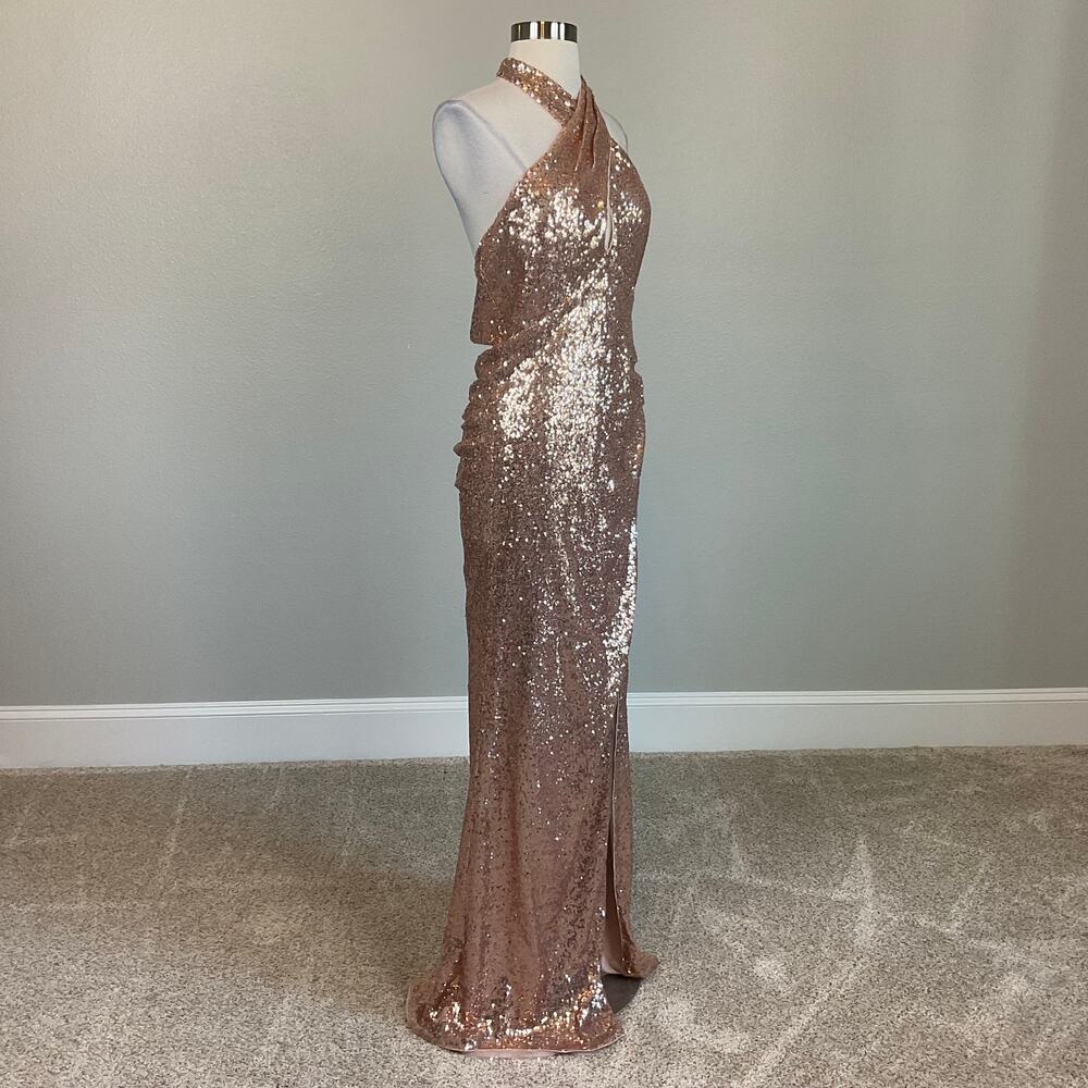 AQUA Rose Gold Column Gown Sequined Backless Cut Out Halter Dress Size Medium - Picture 5 of 13
